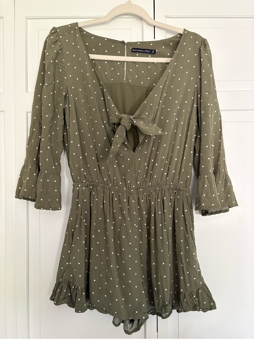 Abercrombie & Fitch Olive Polka Dot Tie-Front Romper